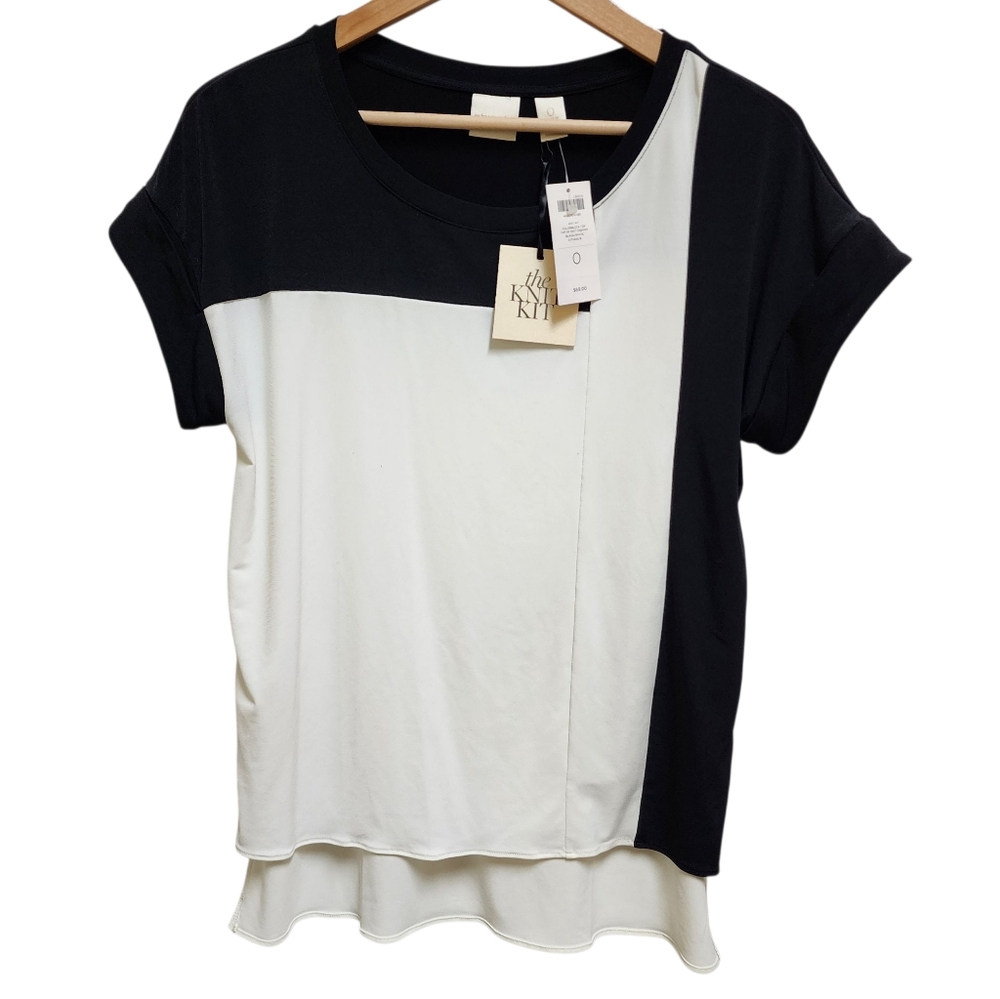 Chico's Top Womens Sz S Black White Colorblock Short Slv Knit Scoop Pullover